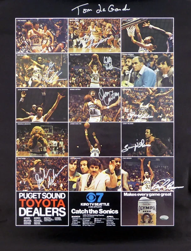 1978-79 NBA Champions Seattle Supersonics Autographed 17×22 Poster Photo With 9 Total Signatures Including Fred Brown & Lenny Wilkens MCS Holo #51052
