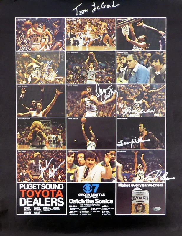 1978-79 NBA Champions Seattle Supersonics Autographed 17×22 Poster Photo With 9 Total Signatures Including Fred Brown & Lenny Wilkens MCS Holo #51044