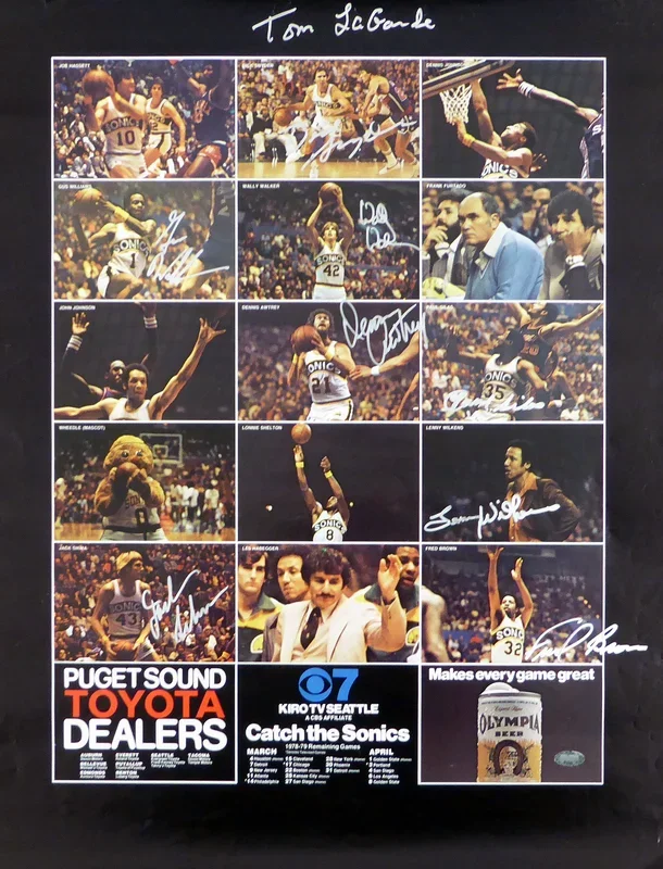1978-79 NBA Champions Seattle Supersonics Autographed 17×22 Poster Photo With 9 Total Signatures Including Fred Brown & Lenny Wilkens MCS Holo #51050