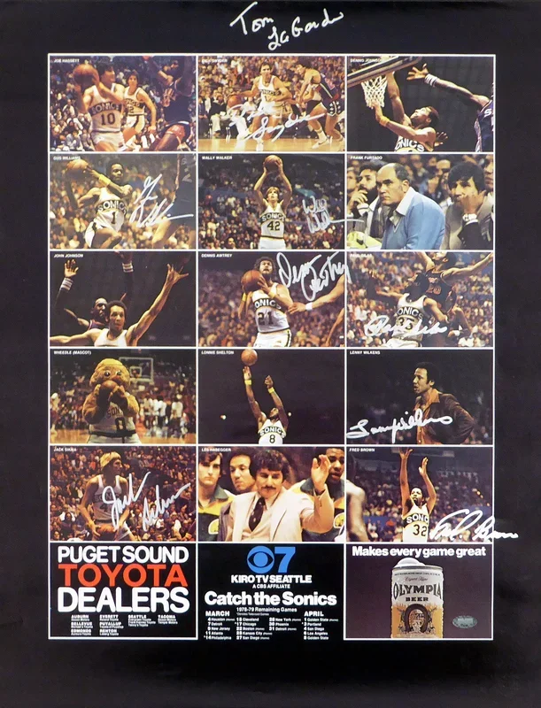 1978-79 NBA Champions Seattle Supersonics Autographed 17×22 Poster Photo With 9 Total Signatures Including Fred Brown & Lenny Wilkens MCS Holo #51046