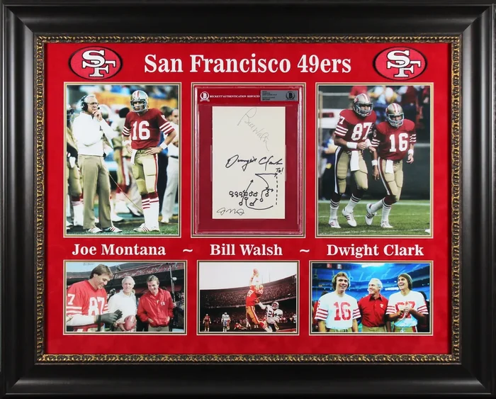 (3) Montana, Walsh & Clark Signed Framed Display w/ Hand Drawn Play BAS Slab