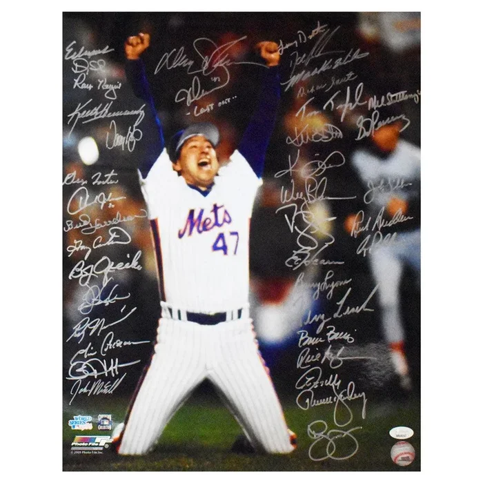 39 Signature 1986 Mets Team-Signed Last Out Inscription 16×20 On-Field Celebration Photo