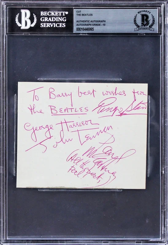 (4) Lennon, McCartney, Harrison & Starr Signed 3.85×4.5 Cut Sig Auto 10 BAS Slab