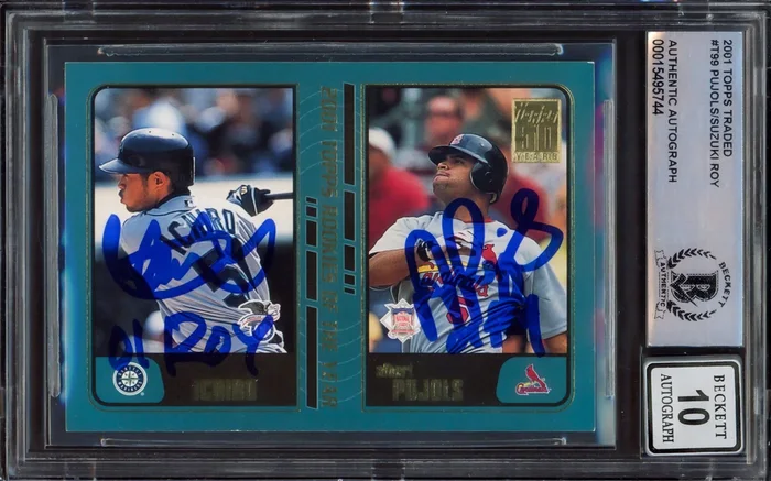 Albert Pujols & Ichiro Suzuki Autographed 2001 Topps Traded Rookie Card #T99 Auto Grade Gem Mint 10 “01 ROY ” Beckett BAS #15495744