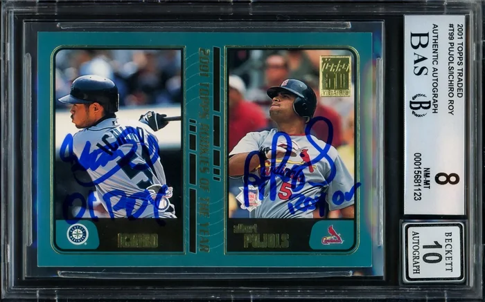 Albert Pujols & Ichiro Suzuki Autographed 2001 Topps Traded Rookie Card #T99 BGS 8 Auto Grade Gem Mint 10 “01 ROY” Beckett BAS #15681123