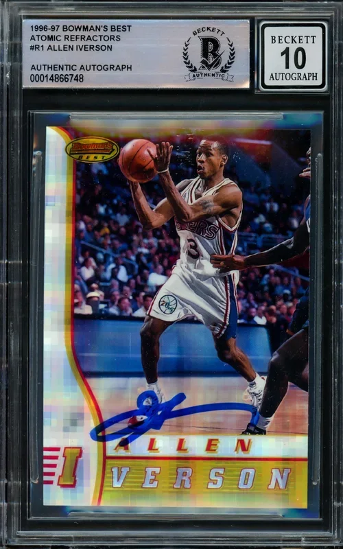 Allen Iverson Autographed 1996-97 Bowman’s Best Atomic Refractor Rookie Card #R1 Philadelphia 76ers Auto Grade Gem Mint 10 Beckett BAS #14866748