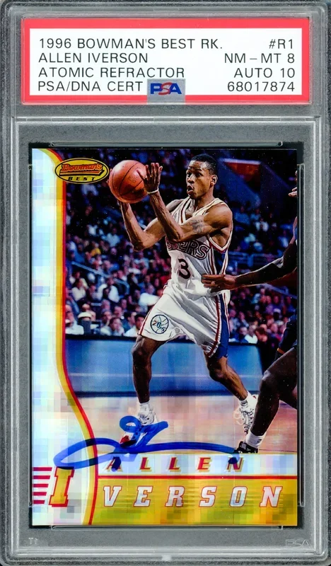 Allen Iverson Autographed 1996-97 Bowman’s Best Atomic Refractor Rookie Card #R1 Philadelphia 76ers PSA 8 Auto Grade Gem Mint 10 PSA/DNA #68017874