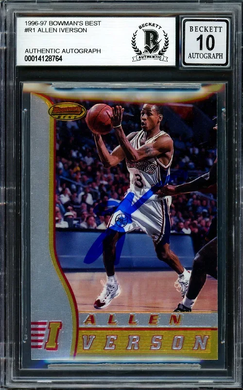 Allen Iverson Autographed 1996-97 Bowman’s Best Rookie Card #R1 Philadelphia 76ers Auto Grade Gem Mint 10 Beckett BAS Stock #205787