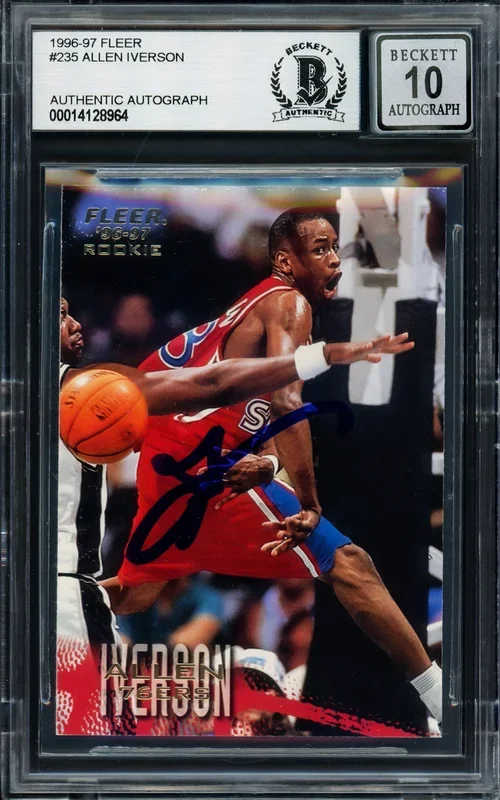 Allen Iverson Autographed 1996-97 Fleer Rookie Card #235 Philadelphia 76ers Auto Grade Gem Mint 10 Beckett BAS #14128964