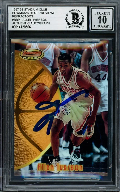 Allen Iverson Autographed 1997-98 Bowman’s Best Preview Refractor Rookie Card #BBP1 Philadelphia 76ers Auto Grade Gem Mint 10 Beckett BAS #14128586