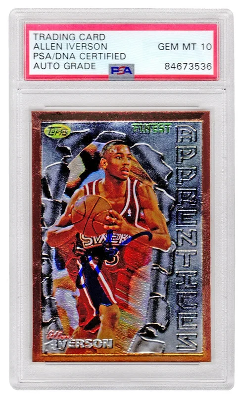 Allen Iverson Signed Philadelphia 76ers 1996 Topps Finest Rookie Basketball Card #60 (PSA Encapsulated – Auto Grade 10)