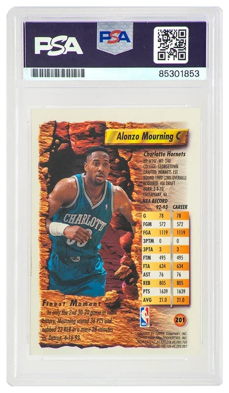 Alonzo Mourning Signed 1993-94 Topps Finest Basketball Card #201 – (PSA Encapsulated)