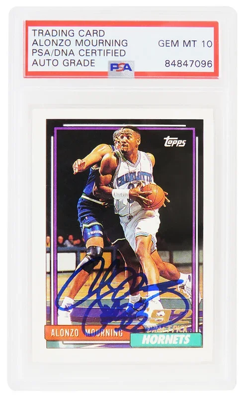 Alonzo Mourning Signed Charlotte Hornets 1992-93 Topps Rookie Basketball Card #393 (PSA Encapsulated – Auto Grade 10)