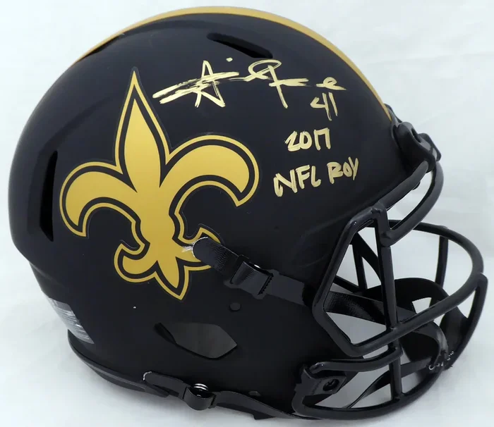 Alvin Kamara Autographed New Orleans Saints Eclipse Black Full Size Authentic Speed Helmet “2017 NFL ROY” (Light Auto) Beckett BAS QR #WJ58346