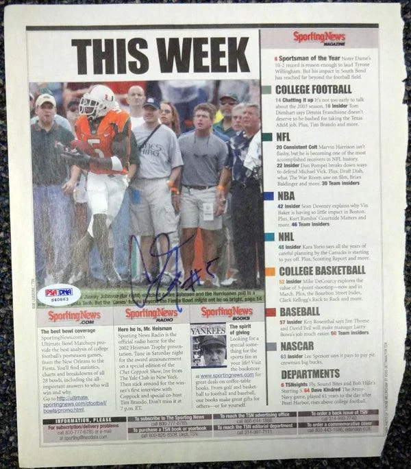 Andre Johnson 9×10.5 Autographed Magazine Page Photo Miami Hurricanes PSA/DNA #S40863