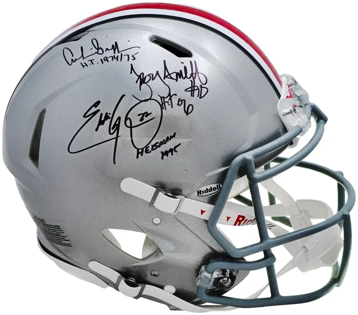 Archie Griffin, Eddie George & Troy Smith Autographed Ohio State Buckeyes Silver Full Size Authentic Speed Helmet Signature Location Varies “Heisman” Beckett BAS Witness Stock #222797