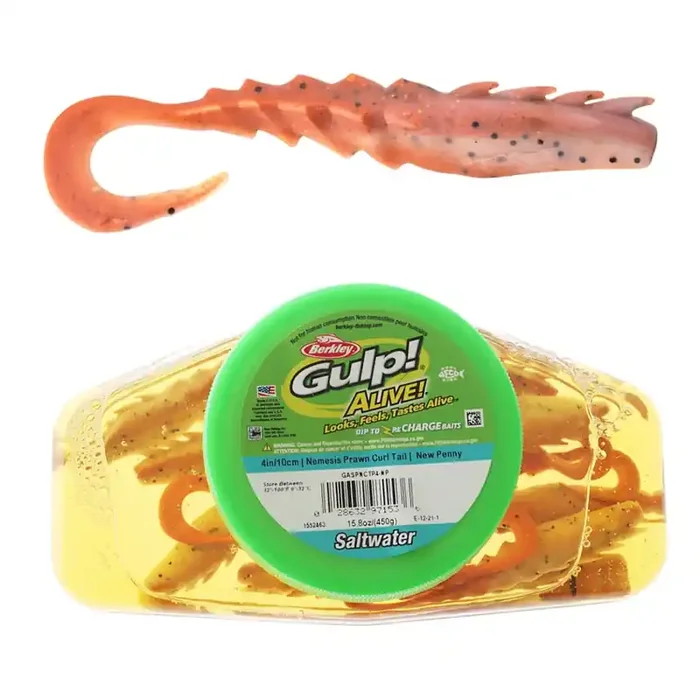 Berkley Gulp Alive Nemesis Prawn Curl Tail Soft Bait Tub 10cm New Penny