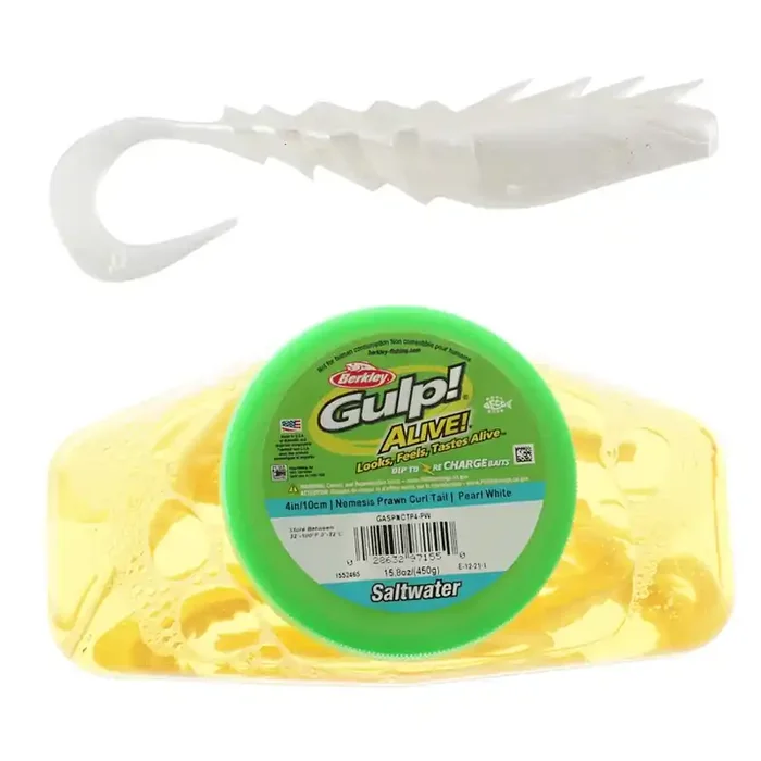 Berkley Gulp Alive Nemesis Prawn Curl Tail Soft Bait Tub 10cm Pearl White