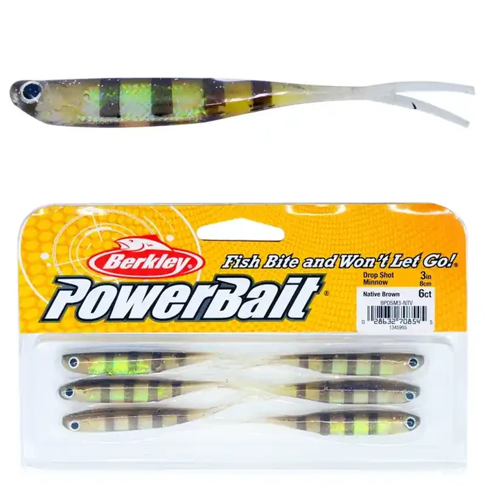 Berkley PowerBait Drop Shot Minnow Soft Bait 8cm Qty 6 Native Brown