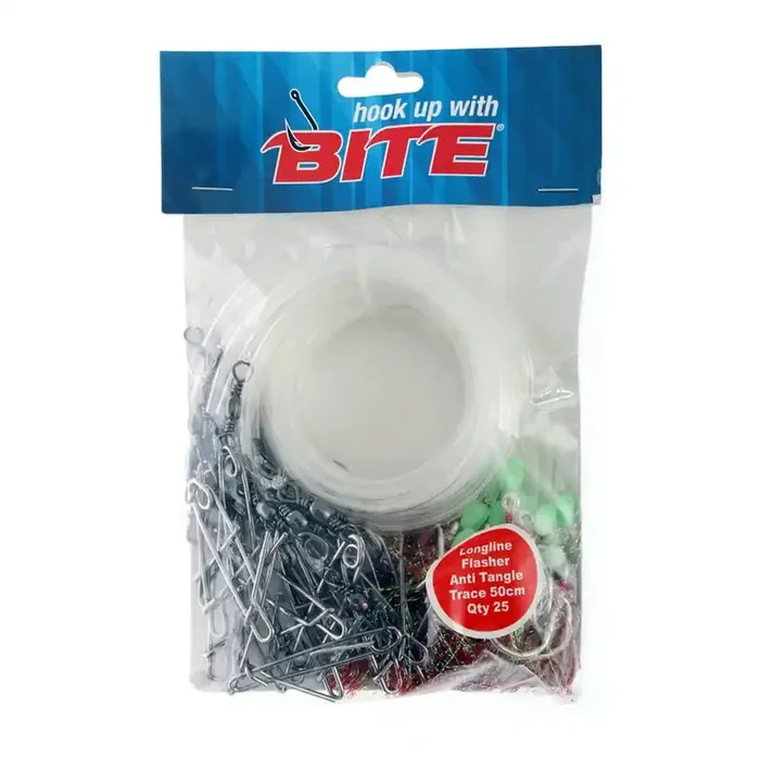Bite Longline Traces Flasher with Tubing 50cm Qty 25