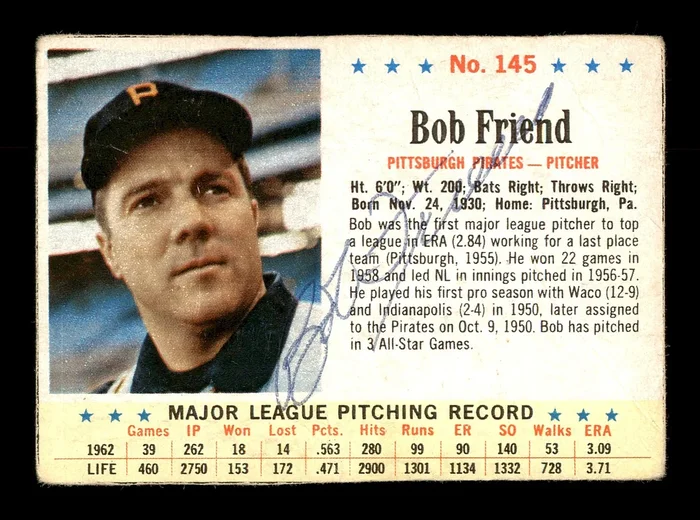 Bob Friend Autographed 1963 Post Cereal Card #145 Pittsburgh Pirates SKU #171505