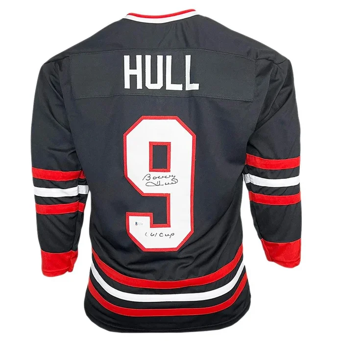 Bobby Hull Signed 61 Cup Inscription Chicago Black Hockey Jersey (Beckett)