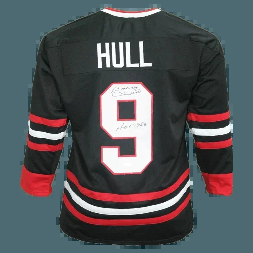 Bobby Hull Signed HOF 1983 Inscription Chicago Black Hockey Jersey (JSA)