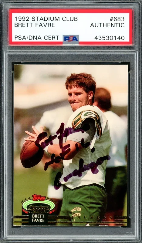 Brett Favre Autographed 1992 Topps Stadium Club Rookie Card #683 Green Bay Packers “HOF 16 Gunslinger” PSA/DNA #43530140