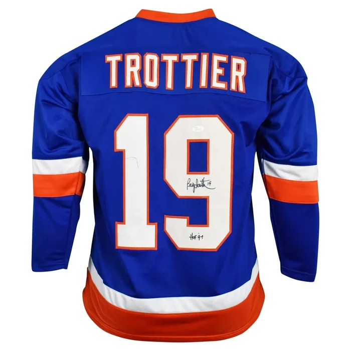 Bryan Trottier Signed New York Blue Hockey Jersey HOF 97 Inscription (JSA)