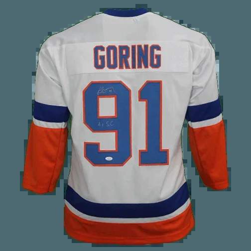 Butch Goring Autographed Pro Style New York Hockey Jersey White (JSA) 4x Stanley Cup Inscription Included
