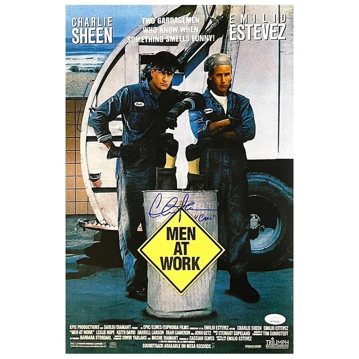 Charlie Sheen Signed “Carl” Inscription Men at Work Movie 11×17 Photo (JSA)