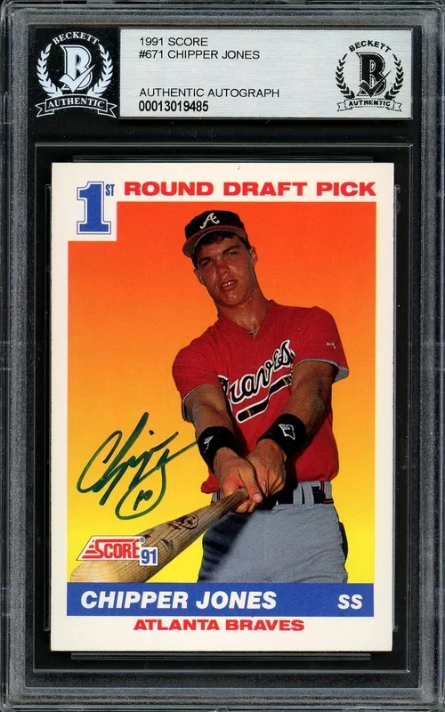 Chipper Jones Autographed 1991 Score Rookie Card #671 Atlanta Braves Beckett BAS Stock #195166