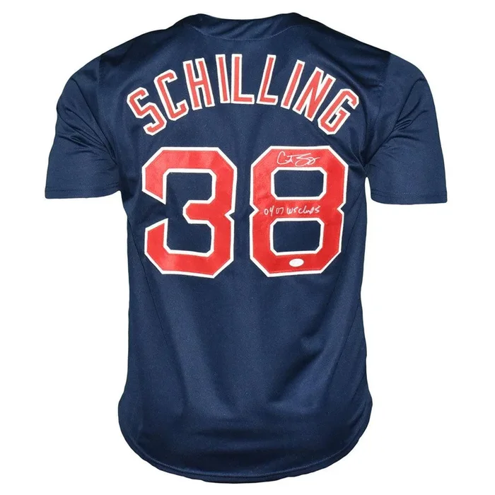 Curt Schilling Signed 04/07 WS Champs Inscription Boston Blue Baseball Jersey (JSA)