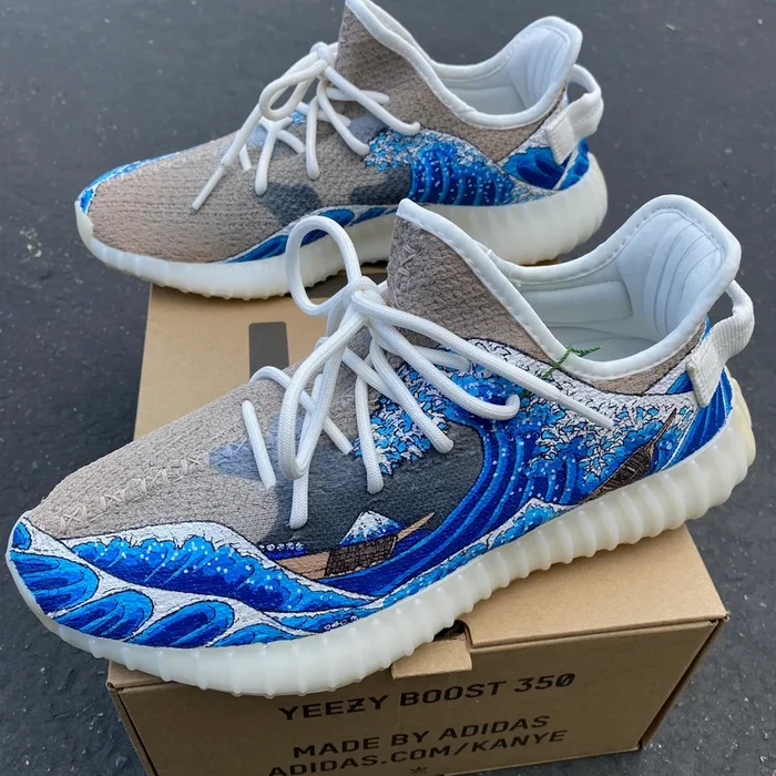 Custom Paint Great Wave of Kanagawa Adidas Yeezy’s