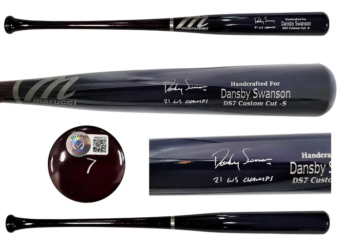 Dansby Swanson Autographed Blue & Brown Marucci Game Model Bat Atlanta Braves “21 WS Champs” Beckett BAS QR Stock #201707