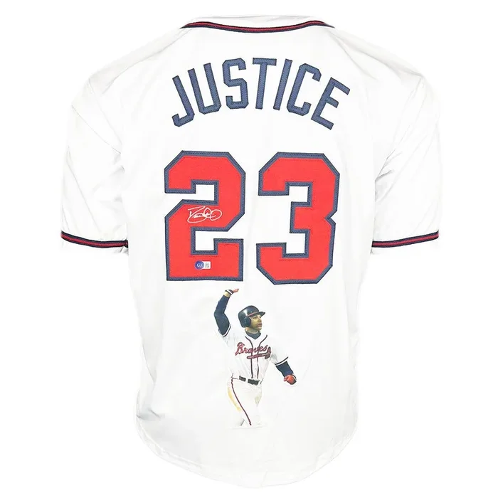 David Justice Signed Atlanta White Decal Baseball Jersey (Beckett)