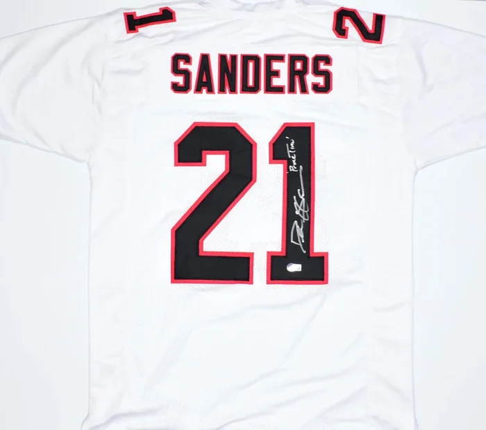 Deion Sanders Autographed White Pro Style Jersey w/Primetime- Beckett W Hologram