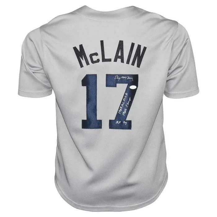 Denny McLain Signed 1968 AL MVP 1968 Champs 2x CY Inscription Detroit Grey Baseball Jersey (JSA)