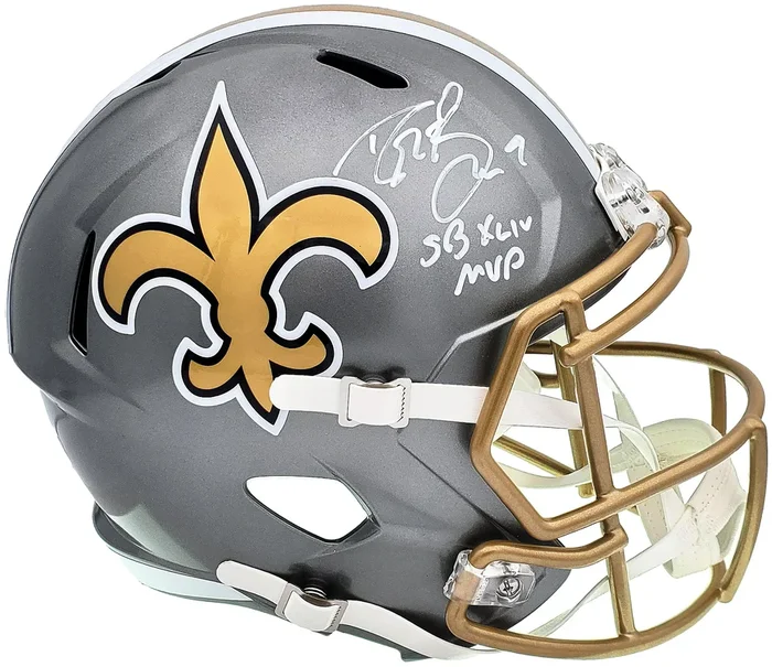 Drew Brees Autographed New Orleans Saints Flash Silver Full Size Replica Speed Helmet “SB XLIV MVP” Beckett BAS QR Stock #197105