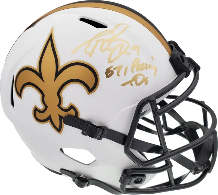 Drew Brees Autographed New Orleans Saints Lunar Eclipse White Full Size Replica Speed Helmet “571 Passing TD’s” Beckett BAS Stock #193497
