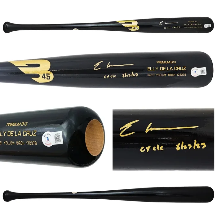 Elly De La Cruz Autographed Black B45 Player Model Bat Cincinnati Reds “Cycle 6/23/23” Beckett BAS Witness Stock #220222