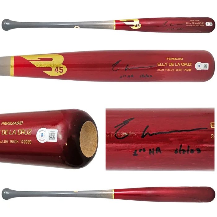 Elly De La Cruz Autographed Red B45 Player Model Bat Cincinnati Reds “1st MLB HR 6/7/23” Beckett BAS Witness Stock #220219