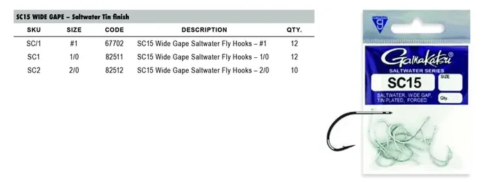 Gamakatsu SC15 Wide Gape Saltwater Fly Hooks 1/0 Qty 12