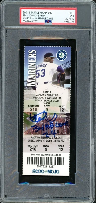 Ichiro Suzuki Autographed 2001 3rd MLB Game Ticket Seattle Mariners PSA 5 Auto Grade Gem Mint 10 “3rd MLB Game 2-4” PSA/DNA #63633254