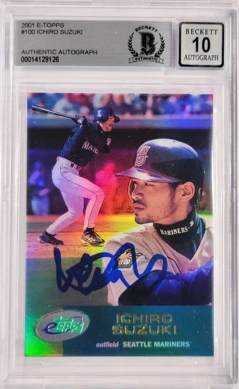 Ichiro Suzuki Autographed 2001 eTopps Rookie Card #100 Seattle Mariners Auto Grade Gem Mint 10 Beckett BAS #14129126