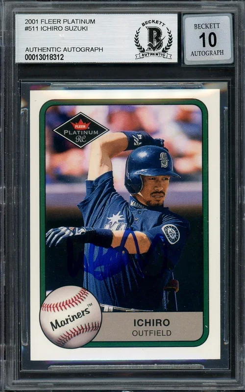 Ichiro Suzuki Autographed 2001 Fleer Platinum Rookie Card #511 Seattle Mariners Auto Grade Gem Mint 10 Beckett BAS #13018312
