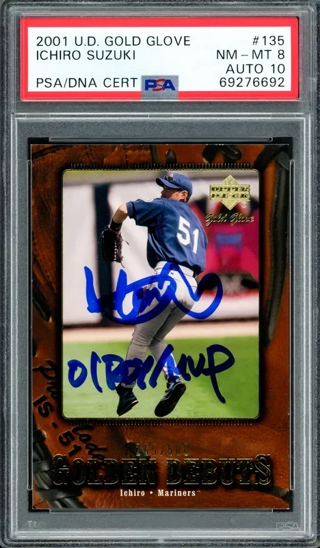 Ichiro Suzuki Autographed 2001 UD Gold Glove Rookie Card #135 Seattle Mariners PSA 8 Auto Grade Gem Mint 10 “01 ROY/MVP” #265/500 PSA/DNA #69276692