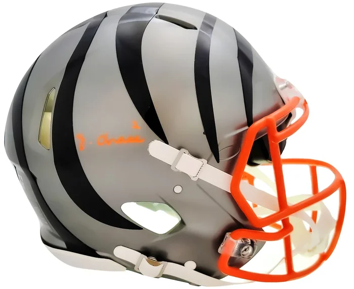 Ja’Marr Chase Autographed Cincinnati Bengals Flash Gray Full Size Authentic Speed Helmet Beckett BAS QR Stock #205624