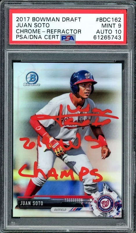 Juan Soto Autographed 2017 Bowman Draft Chrome Refractor Rookie Card #BDC162 Washington Nationals PSA 9 Auto Grade Gem Mint 10 “2019 WS Champs” PSA/DNA #61265743