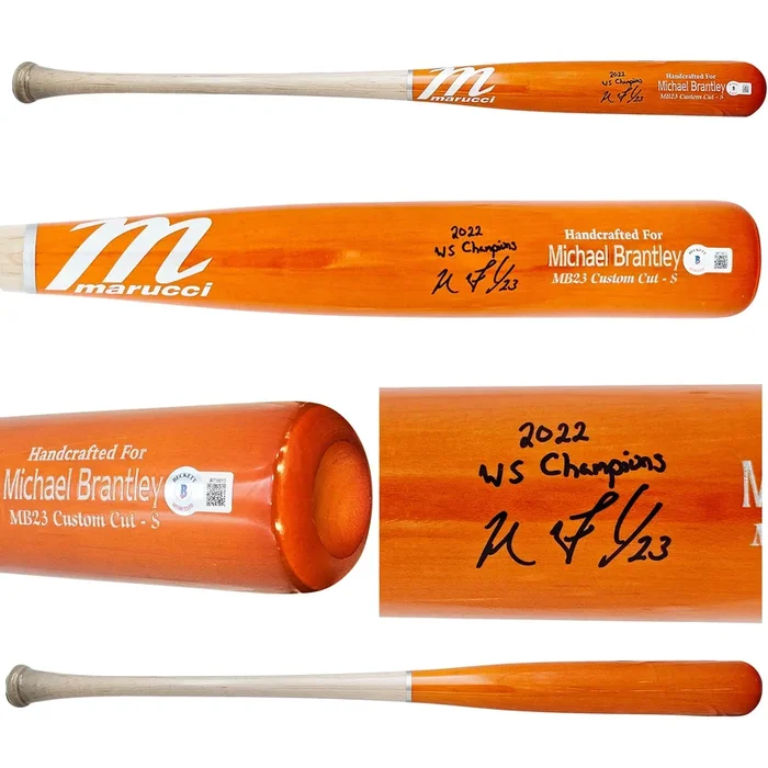 Michael Brantley Autographed Orange Marucci Player Model Bat Houston Astros “2022 WS Champions” Beckett BAS Witness Stock #220445